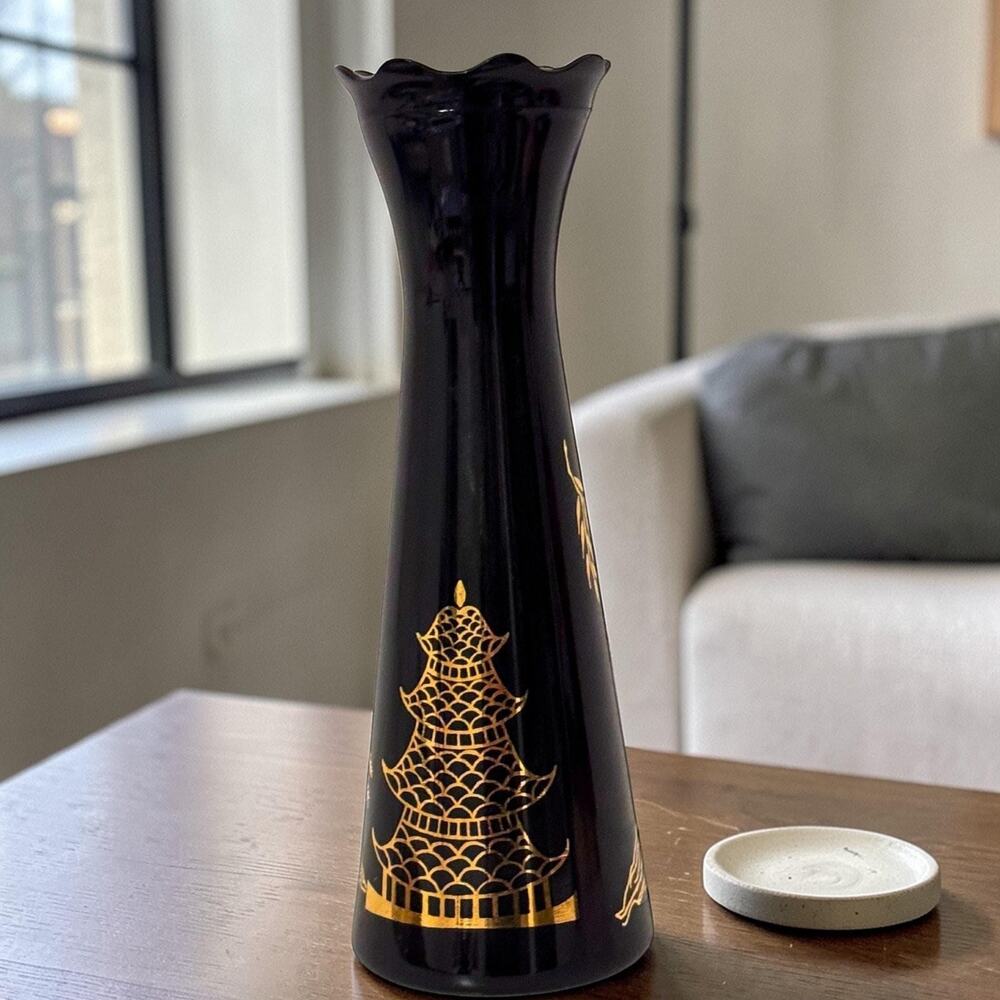 Vintage Black Glass Vase - Gold Asian Pagoda with Willow Tree Design